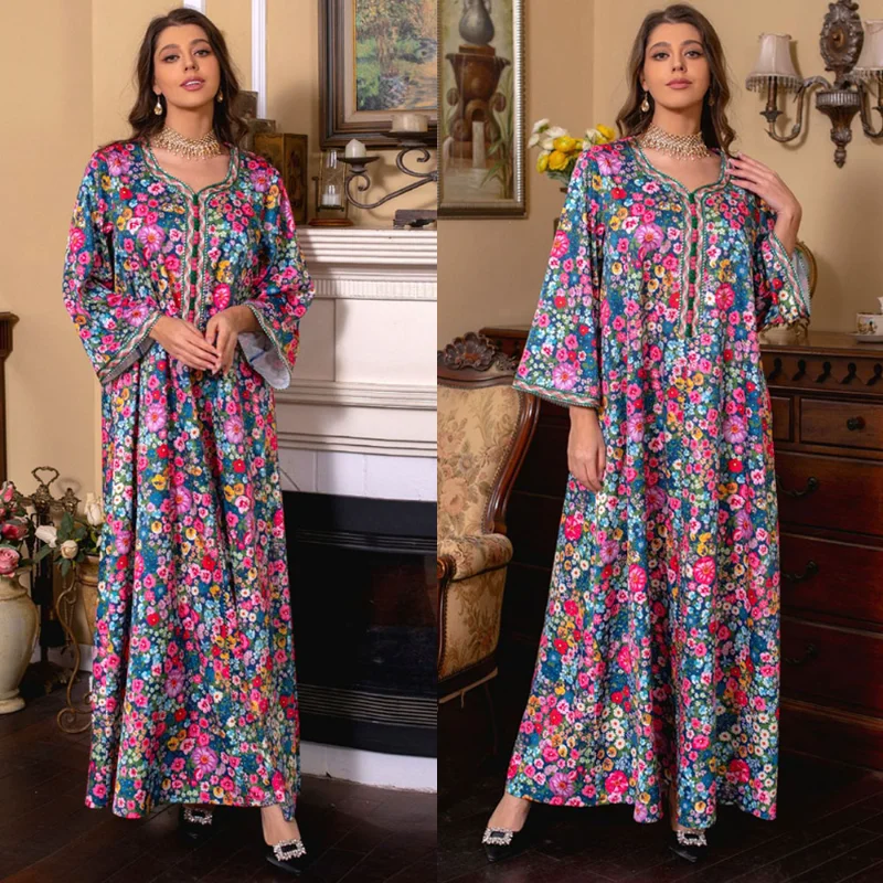 Abayas for Women Vintage Ethnic Print Long Dresses Muslim Maxi Robe Ramadan Arab Dresses Dubai Turkish Islamic Moroccan Jalabiya