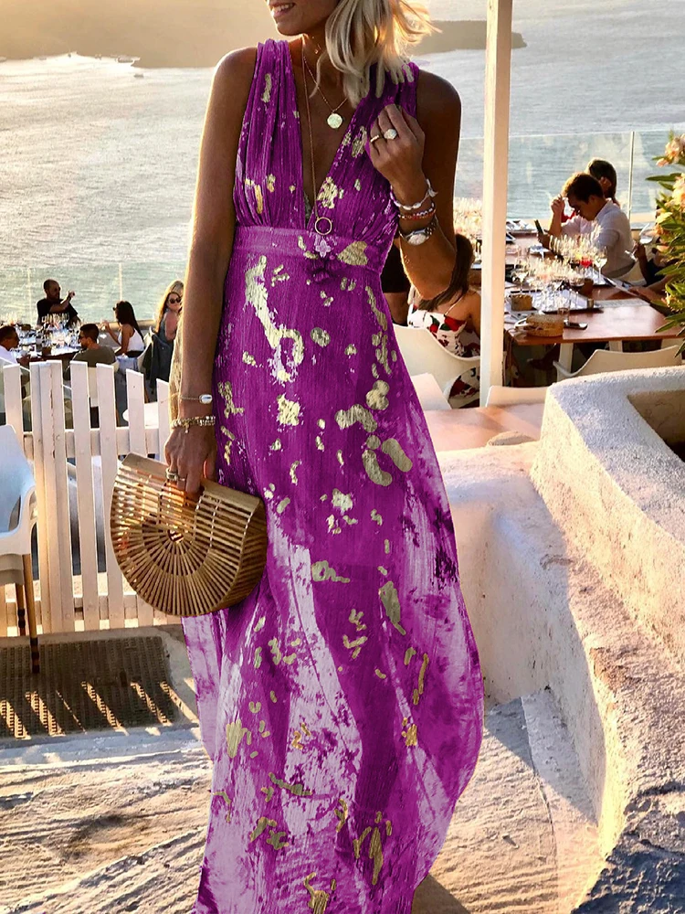

Sexy Deep V Neck Boho Dress Women Elegant Gold Stamping Off Shoulder Long Dress Summer Casual Sleeveless Beach Cover Up Sundres
