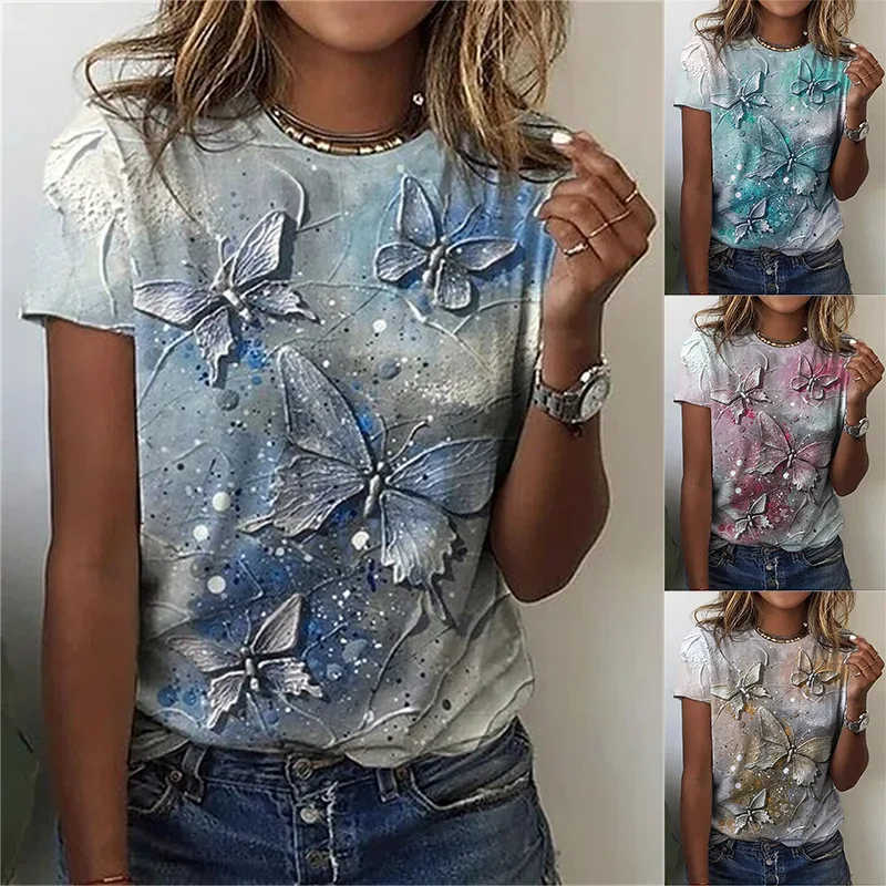 

2023 Summer Women's Casual Butterfly Printing Short-Sleeved Round Neck T-Shirt Fashion Female & Lady Tops woman Shirts