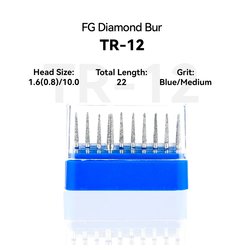 

10pcs Dental Clinic Products TR-12 199-016M Diamond Bur FG High Speed 1.6（0.8）/10.0 22.0 Blue Medium Intra-oral Tools Material