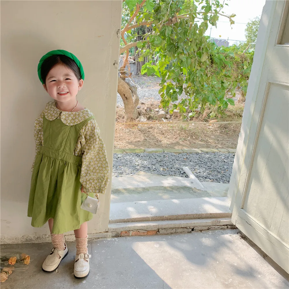 

2022 Baby Girls Clothes Sets Korean Childrenkids Long Sleeve Floral Blouse With Collar And Suspenders Dress Two Piece Outfits