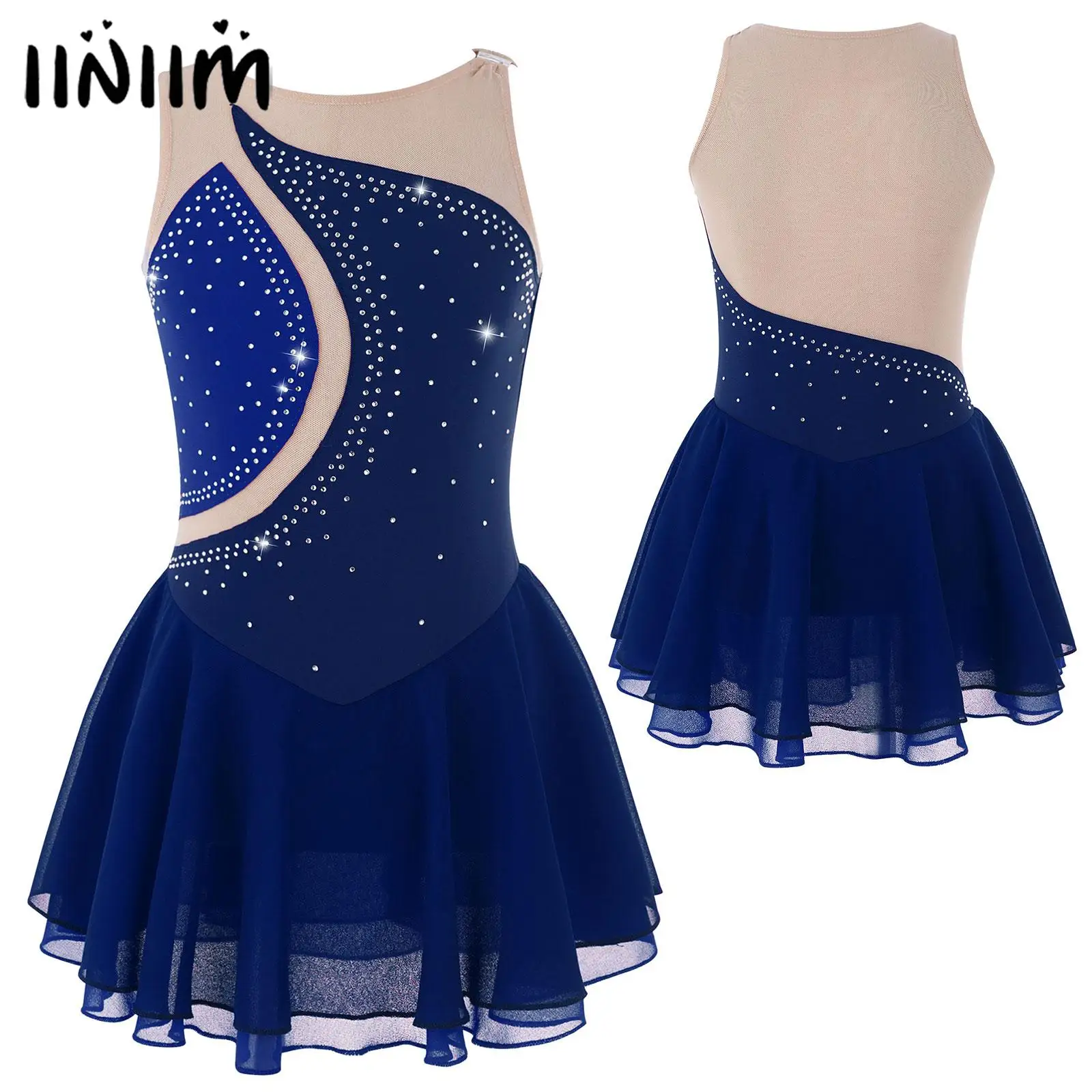 

Kids Girls Stylish Sleeveless Round Neckline Rhinestone Decorated Patchwork Style Dance Dress Figure Skating Performance Costume