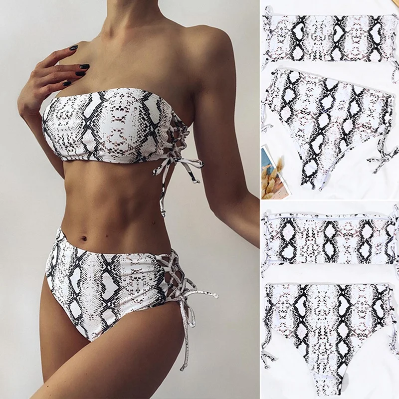 

Serpentine 2 Piece Lace Up Swimsuit Women Sexy Bikini Set Mid Waisted Bikini