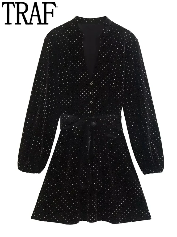 

TRAF Black Velvet Dress Woman Dot Shirt Dress Women Long Sleeve Short Dresses for Women 2022 Fall Blet Office Mini Female Dress