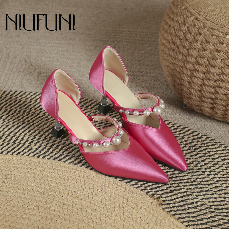 

Pointed Silk Solid Pearl Strap Hollow Women's Pumps Transparent Crystal High Heel Sandals Summer Fashion Slip On Shoes For Woman