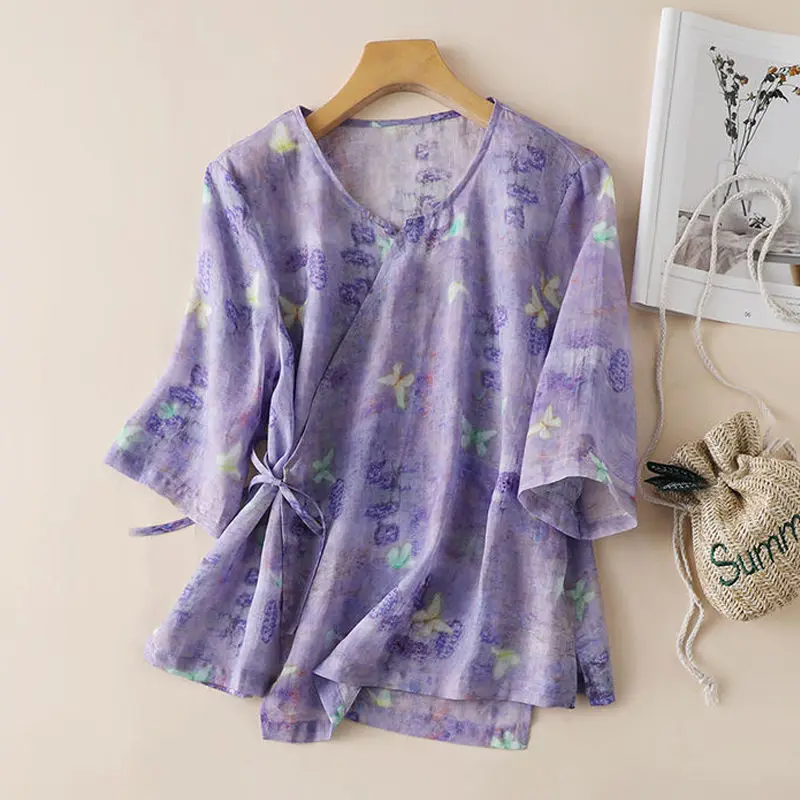 

Китайские хлопковые льняные женские топы, блузки с коротким рукавом, одежда в стиле Харадзюку, свободные рубашки в литературном ретро-стиле...