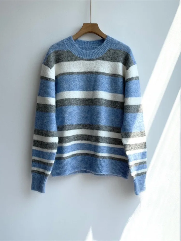 

2023 Winter New Women Wool and Mohair Blend O-Neck Fashion Stripes Knit Casual Pullovers Loose Fashion Sweater