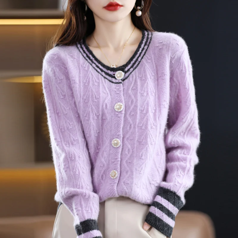 4 colors  Long Sleeve Cardigan 100% Cashmere Wool Sweater Casual High-grade Solid Color Knit Ladies New V-neck Wool Sweater