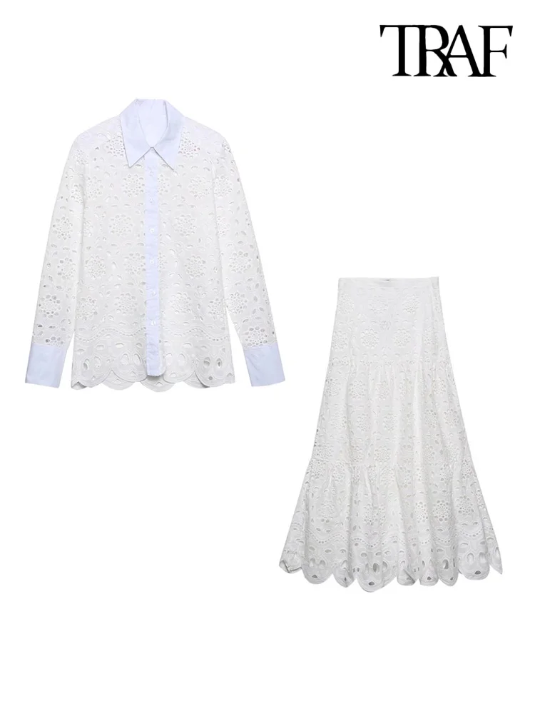 

TRAF Women Fashion Cutwork Embroidery Shirts And High Waist Midi Skirts Female Two Pieces Sets Mujer