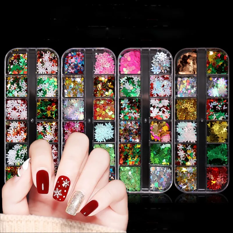 

12 сеток/коробка Рождество ногтей блестки блесток ноготь маникюрный-разные размеры блестки хлопья Маникюр Рождество 3D блестки дизайн ногтей украшения