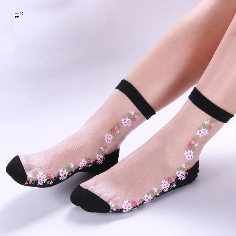 

1pair Fashion Summer Lace Socks Cute Crystal Glass Silk Sox for Women Thin Transparent Short Socks Girls Stretch Flower Meias