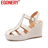 egonery woman sandals good quality high heels platform wedges new style genuine leather brand party pumps ladies t strap shoes
