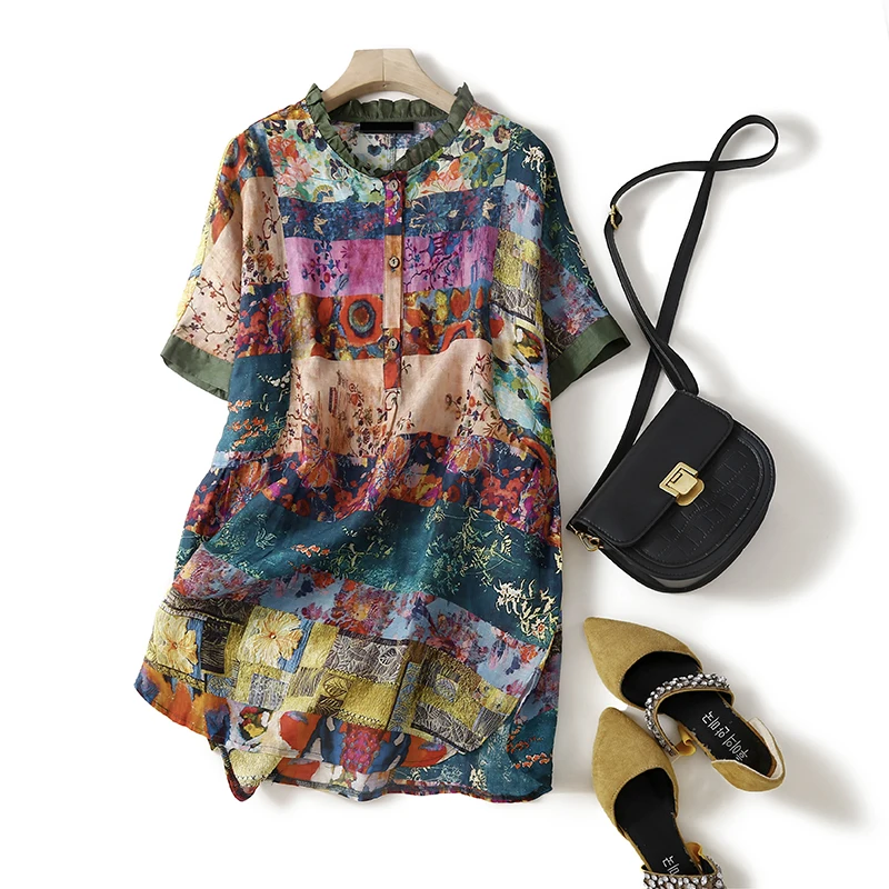 

Женская винтажная рубашка в стиле пэчворк, однобортная Повседневная Свободная рубашка контрастных цветов с коротким рукавом и круглым вырезом, шикарный топ на лето