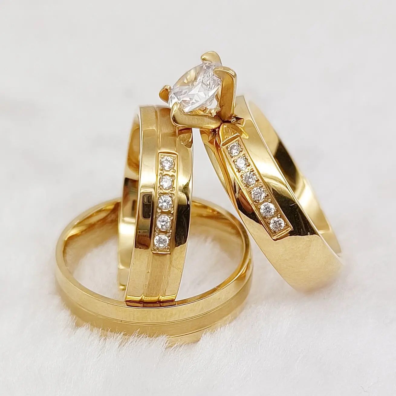 

3pcs Lovers Alliances Couples Engagemet Rings Set Wholesale 24k Gold Plated Fashion cz Diamond Bridal Jewelry set for Wedding