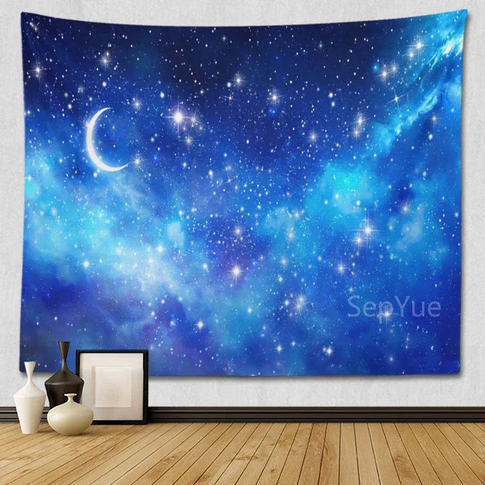 SepYue Moon and Stars Wall Hanging Blue Starry Tapestry Galaxy Universe Night Sky Space for Bedroom Living Dorm