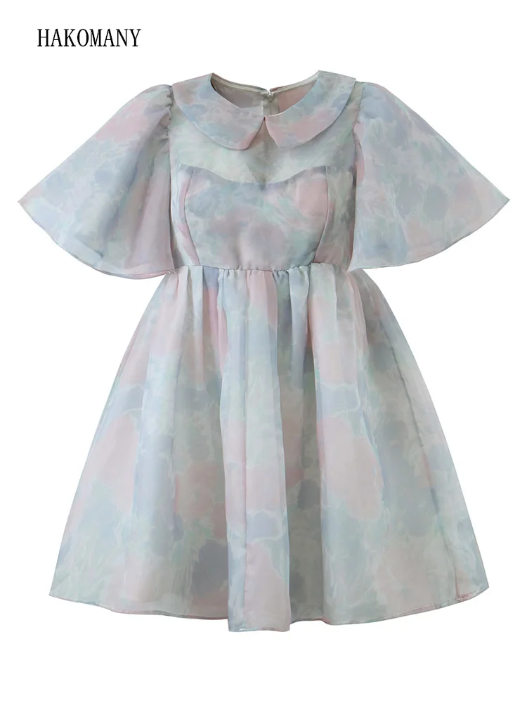 

2023 Women Swing Mini Dresses Fairy Robe Princess Tie dye Floral Print Organza Ball Gown Dress Peter Pan Collar Flare Sleeve