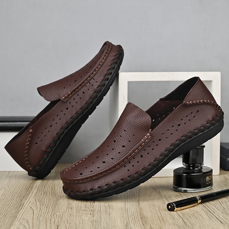 

Мокасины из натуральной кожи мужские, итальянские брендовые слипоны, дышащие мягкие лоферы, повседневная обувь для вождения, цвет черный, 37-47