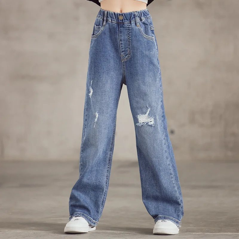 

Teenage Jeans for Girls 2021 Spring Fashion Loose Kids High Waist Hole Leg Wide Pants School Children Trousers 7 9 10 12 Years
