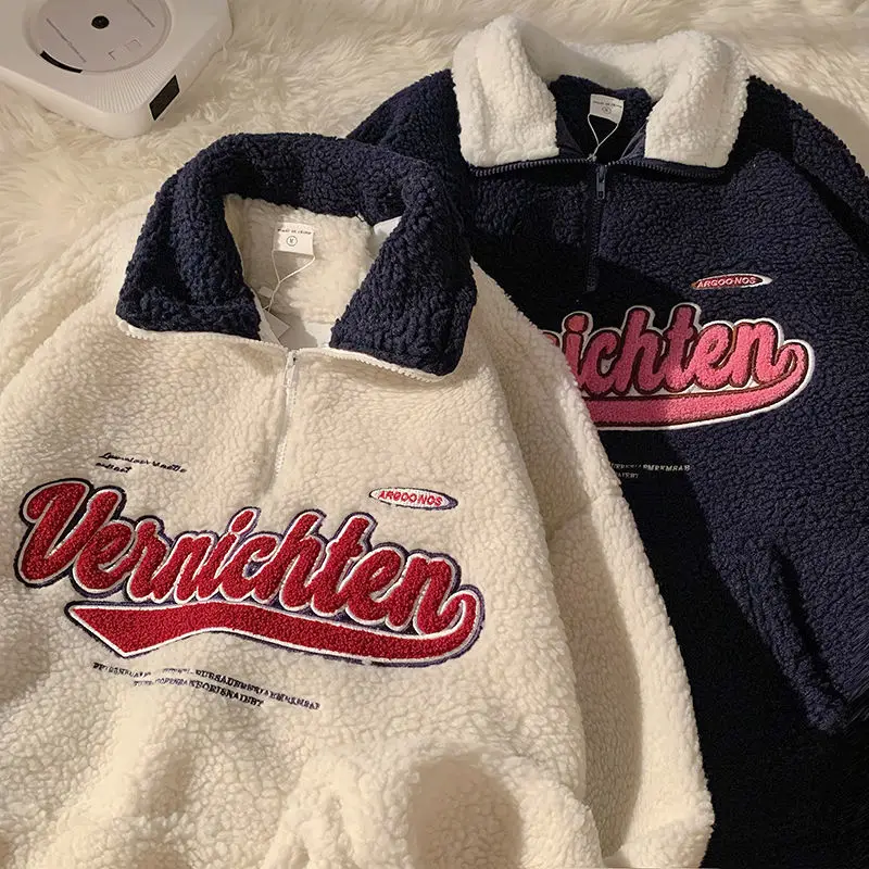 Vintage Punk Letter Embroidery Sweatshirt Women Winter Warm Harajuku Baseball Oversized Pullovers Top V-Neck Long Sleeve Clothes