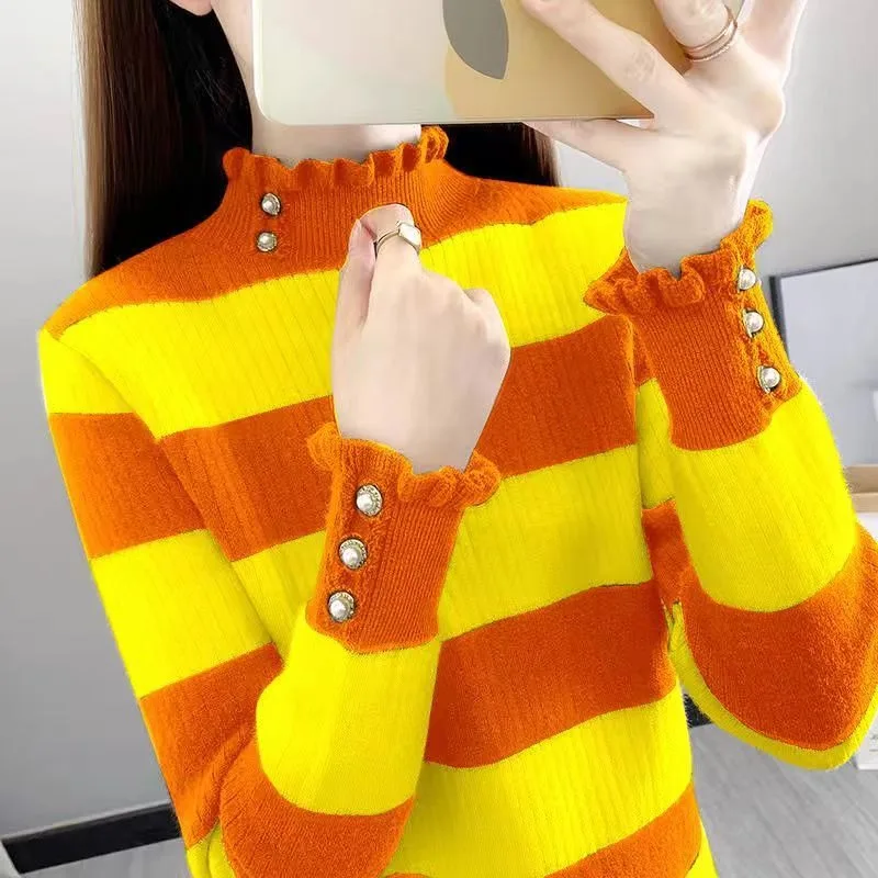 Полуводолазка с длинными рукавами женский осенний 2024 новый вязаный полосатый