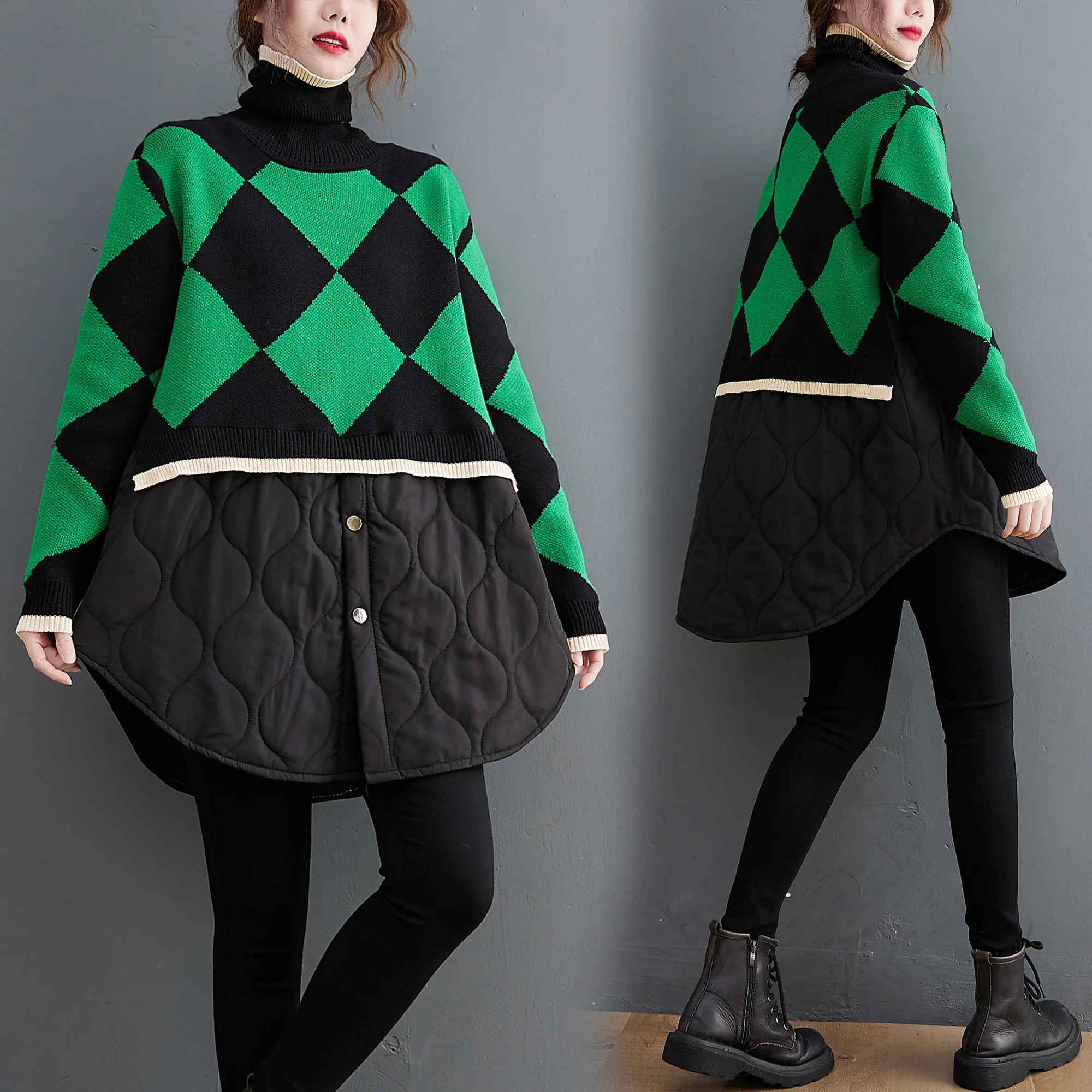 

Fashion High-neck Pullover Sweater Women's Clothing 2022 Autumn Winter New Diamond Lattice Knitted Stitching Top D1653