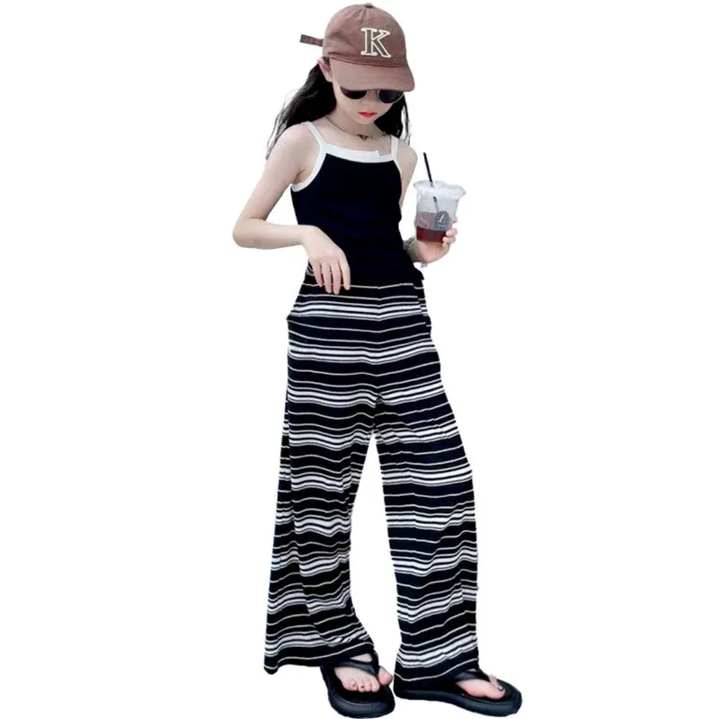 Children Clothing Sets Tank Top And Chiffon Pants Striped Print Straight Casual Girls Summer Cool Two Pieces Costumes 4-14Years