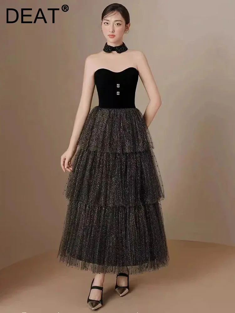 DEAT Элегантное платье без бретелек в стиле пэчворк с марлевыми пуговицами и