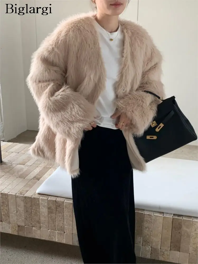 

Autumn Winter Furry Coat Women V-Neck Modis Long Sleeve Ladies Jackets Woman Korean Style Loose Casual Woman Jackets Coats 2023