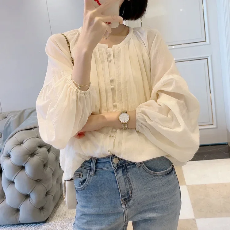 Ранняя весна ChicTopLoose-FitSweetКруглый вырез Красивая рубашка Французский стиль