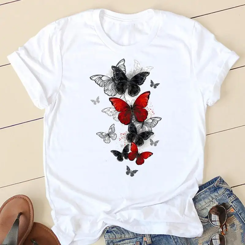 

Футболка женская с коротким рукавом, модная повседневная футболка с рисунком акварельной бабочки, на весну-лето