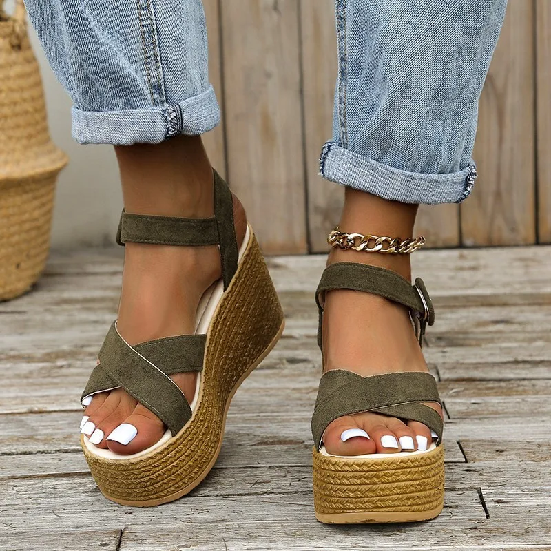 

Wedge Sandals for Women Summer 2022Casual Non-slip Peep Toe Platform Shoes Rubber Sole Buckle Elegant High Heels Zapato De Tacón