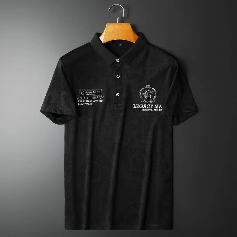 

Letter Embroidery Polo Shirts Men Short Sleeve Business Casual Black Pattern Lapel Slim Fit Streetwear Tee Top Male Clothing