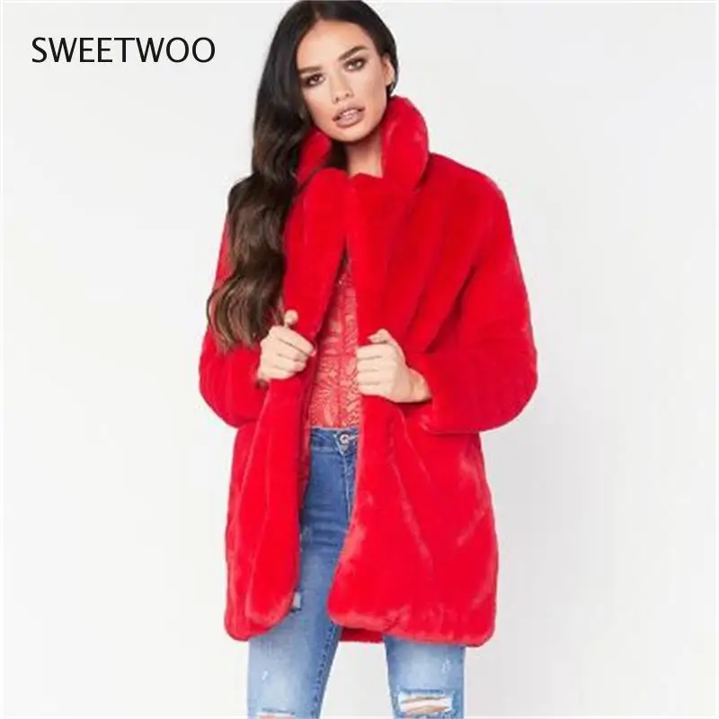 European American New Fashion Elegant Women Long Loose Wool Soft Rabbit Hair Faux Fur Coat White Pink Yellow Black Red Tide 2022