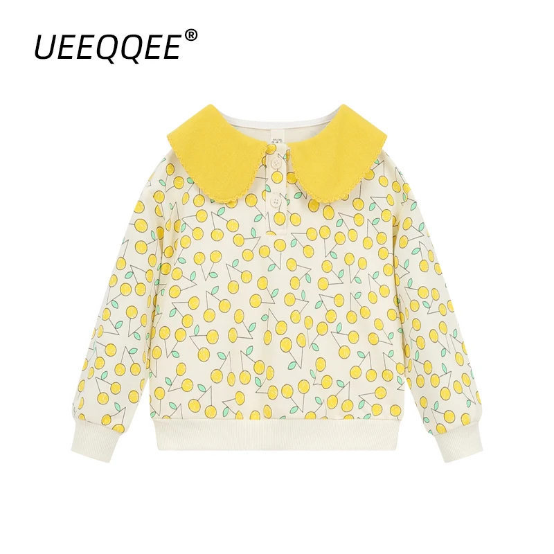 Cotton Print Little Girls Sweatshirts Spring Casual Doll Collar Kids Pullover Streetwear Clothing Children Outerwear For 2-8Y