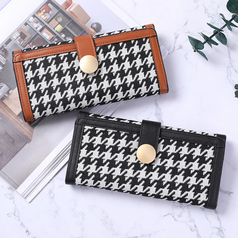 

Long Wallet Women Simple Houndstooth Buckle Wallets Fashion Tri Foldable Female Card Holder деньги Bags Зажим для денег кожаный
