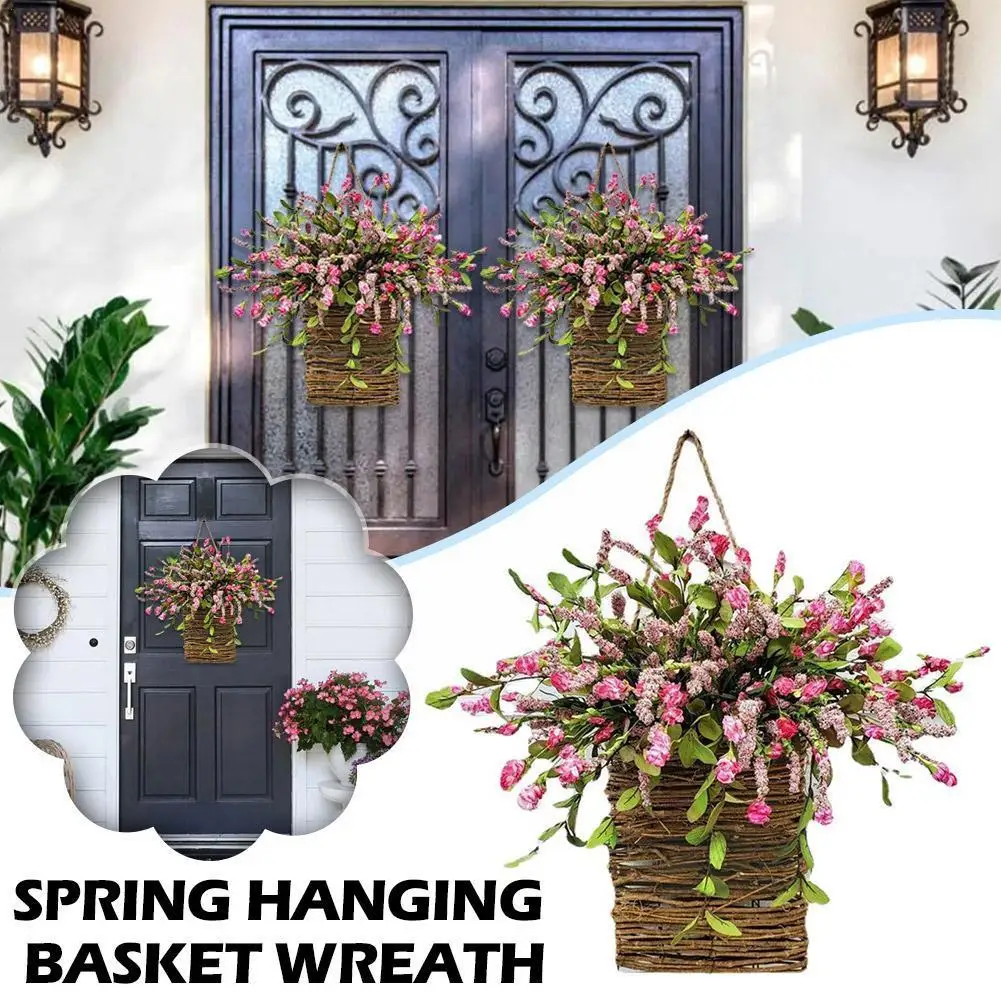 

Pink Berries And Wildflowers Door Hanging Basket Wreath Spring Wreath White Fresh Decoration Pink Imitation Wreath H6M9
