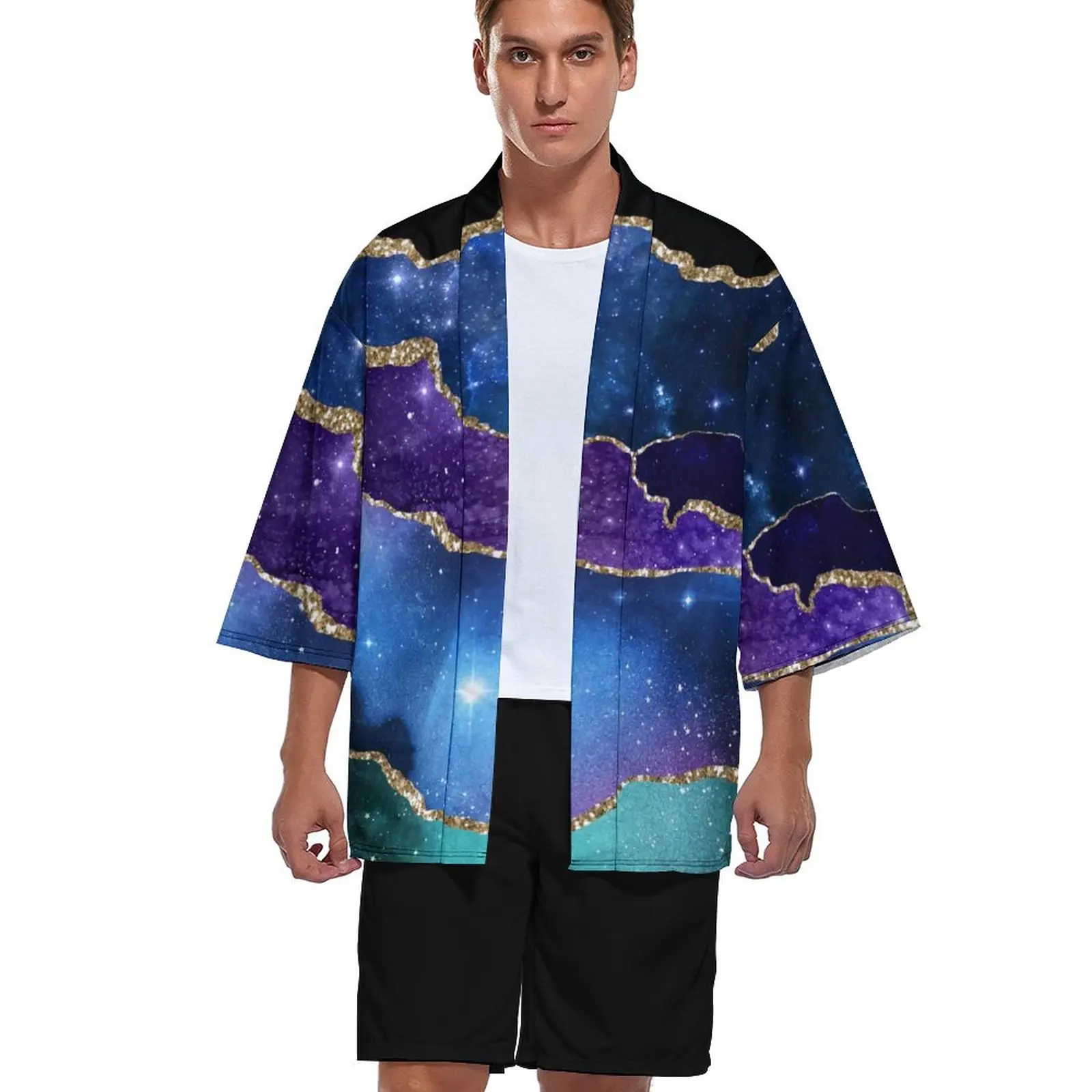 

Кимоно с золотыми блестками и мраморным принтом, фиолетовый кардиган с бисером, качественная рубашка на заказ, женские и мужские рубашки