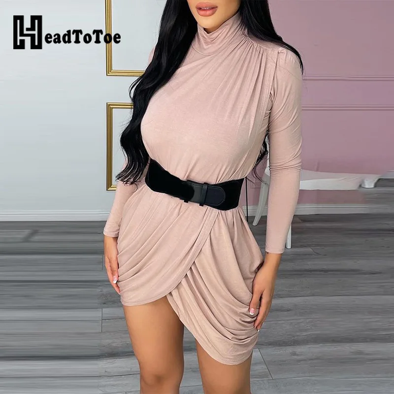 

Long Sleeve Ruched Asymmetrical Bodycon Dress Without Belt