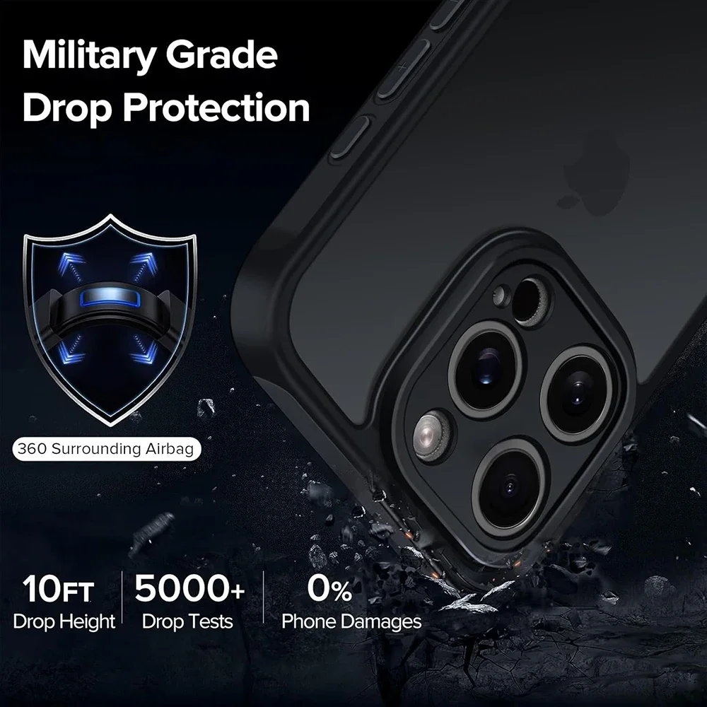 Фото Гибридный противоударный чехол военного класса для iPhone 17, Air 16, 14, 13, 12, 11 Pro Max Plus, матовый полупрозрачный черный мягкий жесткий чехол №3