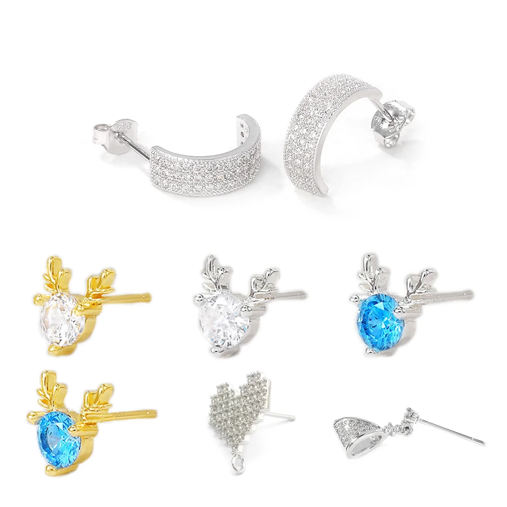 

24K Gold Color Brass and Zircon Deer Antlers Heart Triangle C Shape Stud Earrings Pins Earrings Jewelry Making Supplies Findings