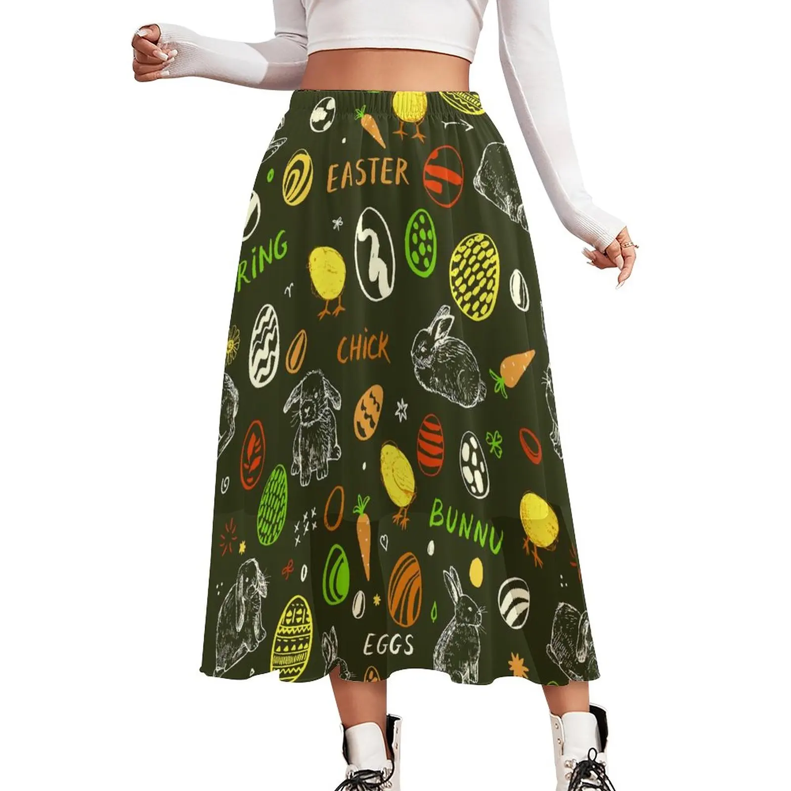 

Colorful Easter Skirt Chick Bunny Eggs Print Kawaii Boho Skirts Elastic Waist Graphic Aesthetic A-line Skirt Big Size 2XL 3XL