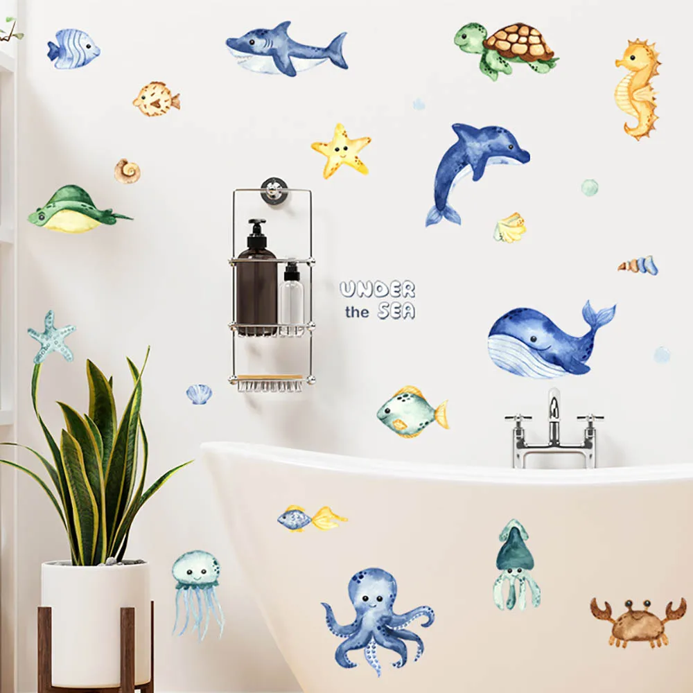 

Cartoon Underwater World Wall Stickers for Kids Rooms Bathroom Wall Decor Whale Dolphin Sea Animals Wall Decals Home Decor DIY