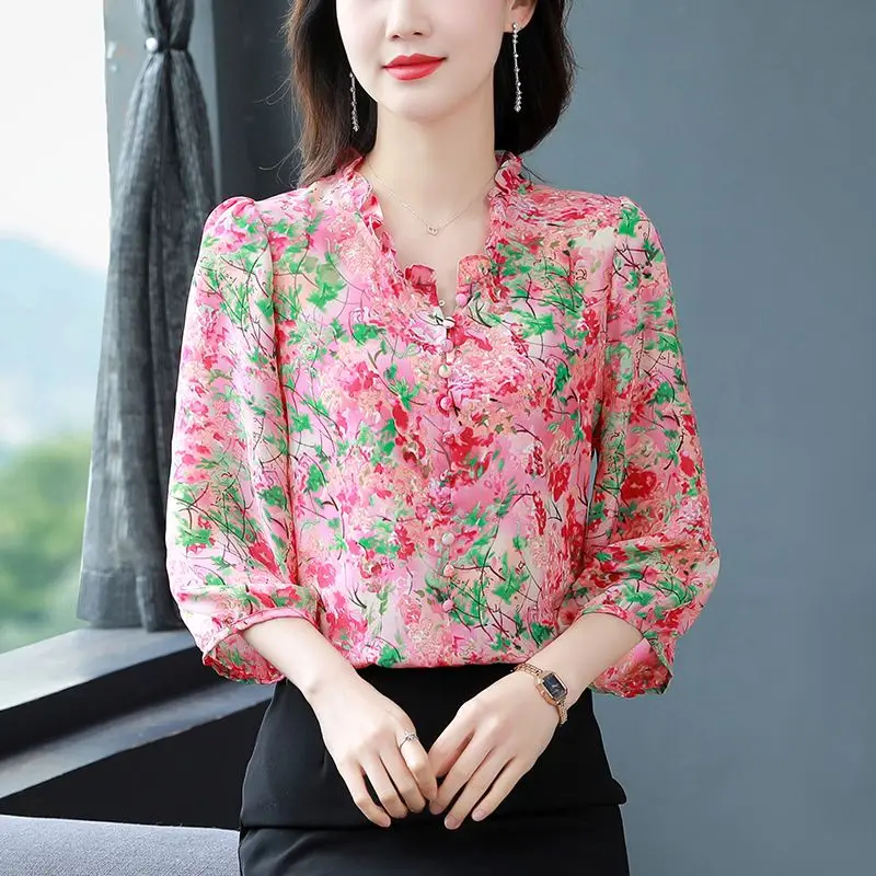

Nine Quarter Sleeve Chiffon Shirt Women Loose Fitting Mother's Bottoming Blouse Floral Top M-4XL