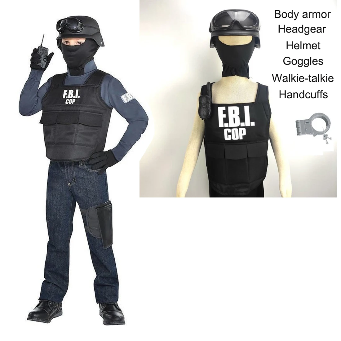 Костюм ФБР агента полиции: бронежилет и шлем, фантазийный наряд с броневым обмундированием для детей 3-10 лет.