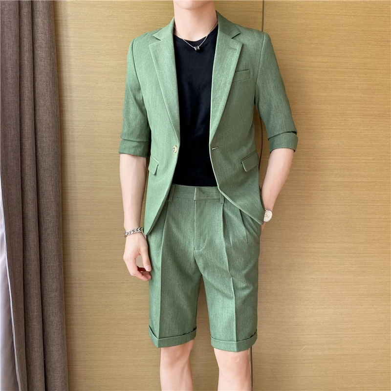 

(Blazers+Shorts)England Style Men's Summer Suits Coat Slim Fit Fashion Half Sleeve Solid Casual Luxury Blazer Jacket 2 Pieces