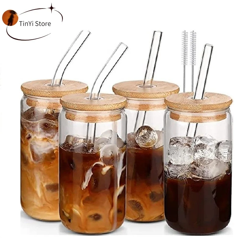 

400/500ml Transparent Drinking Utensil Coffee Glass Cup with Straws Wine Milk Beer Cola Juice Cold Drinkware Handmade Can
