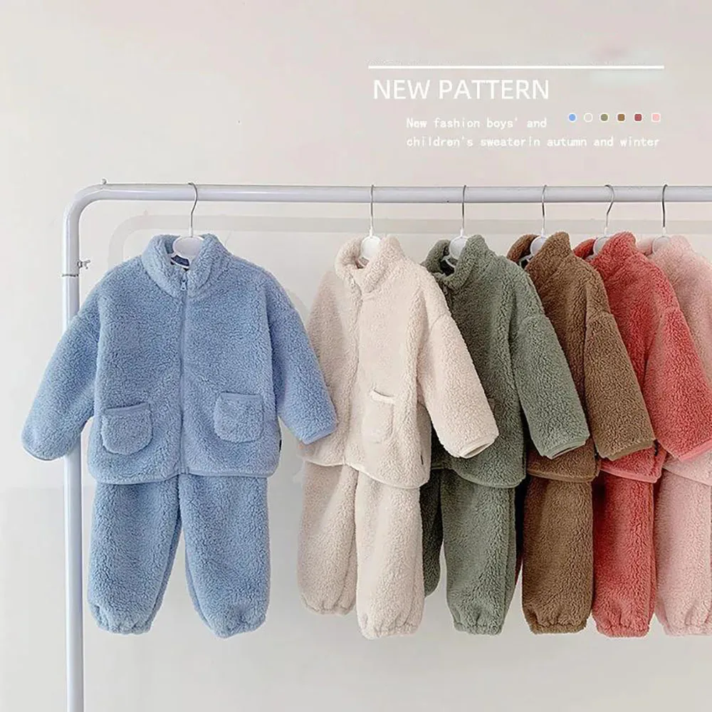 

Kids Warm Clothes Sets Fall Winter Girls Boys Thicken Fleece Flannel Zipper Coats+Pants 2Pcs Infant Homewear Suit Pajamas 1-10Y