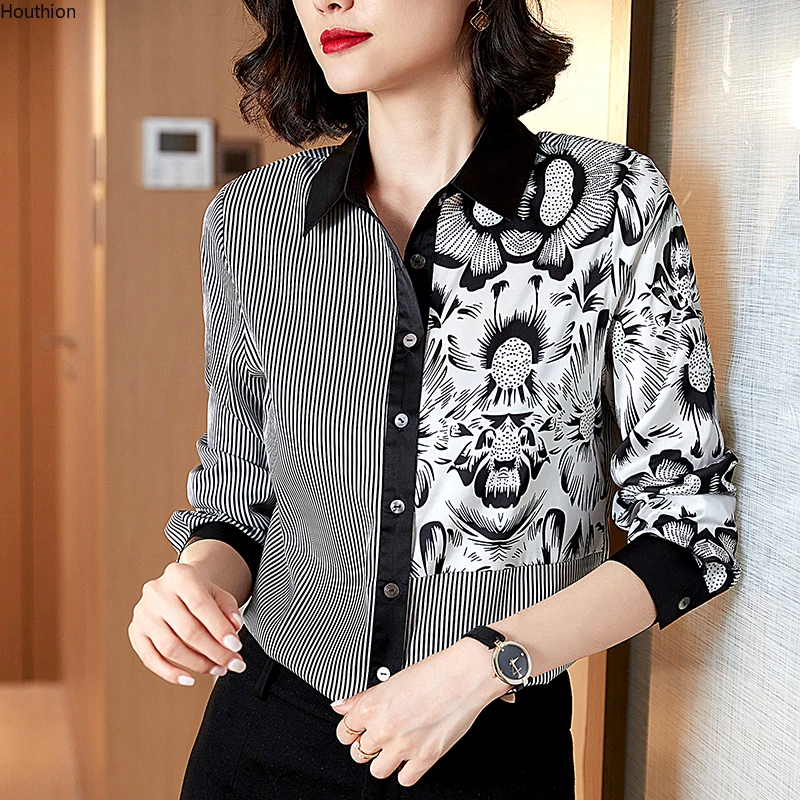 

Summer New Women's Blouse Long Sleeve Tops Splicing Printing Stripe Poplin Casual Fashion Loose Polo Shirts Houthion