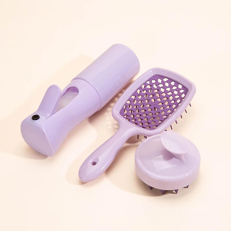 

Hair Care Product Set Silicone Shampoo Head Scalp Massage Brush Hollowed Wide Teeth Comb Continuous Spray Bottle Mist 200ml