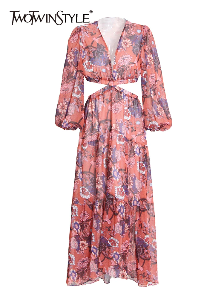 

Женское винтажное платье TWOTWINSTYLE, длинное миди-платье с V-образным вырезом, рукавами-фонариками, высокой талией и принтом, 2022
